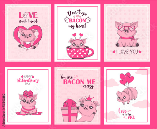Collection of Valentine's Day card with cute kawaii pig. The inscription pun. Cartoon flat illustration for banner, poster, card, postcard. Vector illustration of a character in love