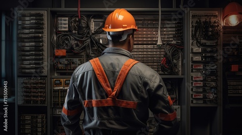 an Asian electrician adorned in overalls, a helmet, and gloves as they conduct maintenance or repairs in an electrical cabinet.