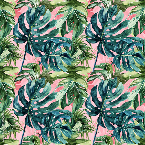 watercolor seamless pattern green colors tropical leaves on pink background
