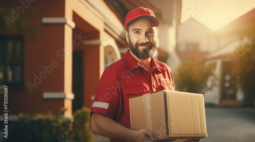Delivery man in red uniform holding a cardboard box near a van truck delivering to customer home. Smiling to camera, postal delivery man delivering a package.