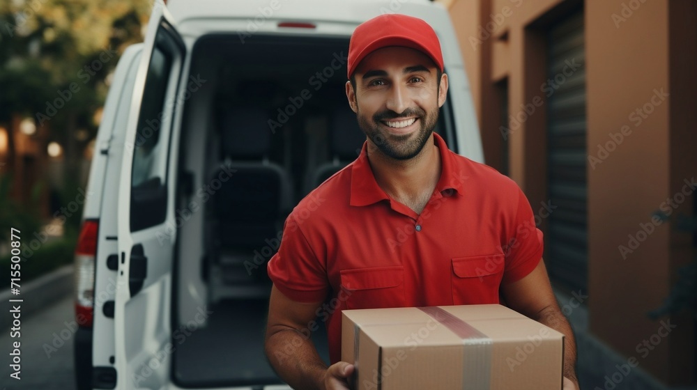 Delivery man in red uniform holding a cardboard box near a van truck delivering to customer home. Smiling to camera, postal delivery man delivering a package. Delivery man in red uniform holding a cardboard box near a van truck delivering to customer home. Smiling to camera, postal delivery man delivering a package.