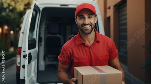 Delivery man in red uniform holding a cardboard box near a van truck delivering to customer home. Smiling to camera, postal delivery man delivering a package. © Yacine