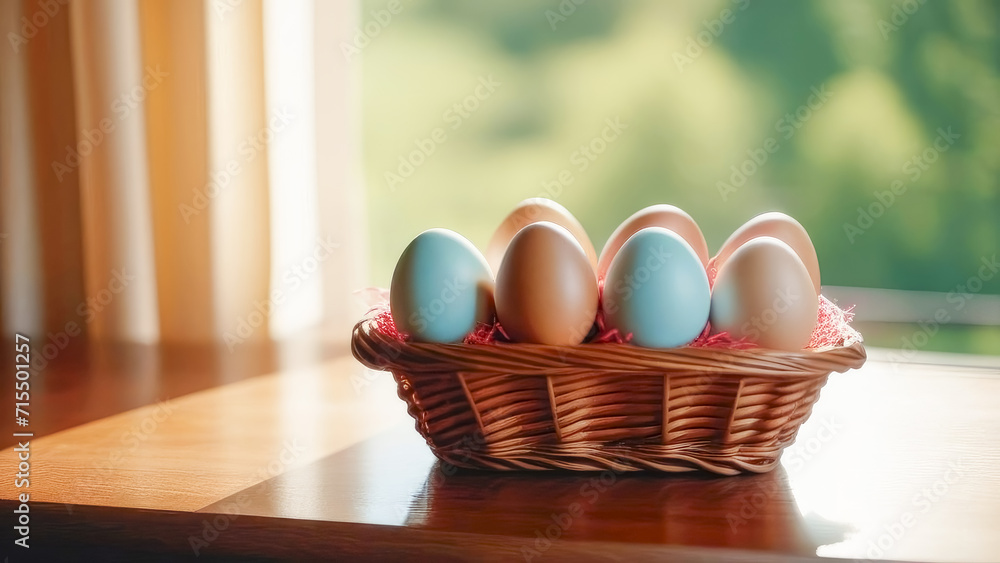 Easter eggs lie in a wicker bowl standing on a wooden table in a bright room. Easter eggs lie in a wicker bowl standing on a wooden table in a bright room.