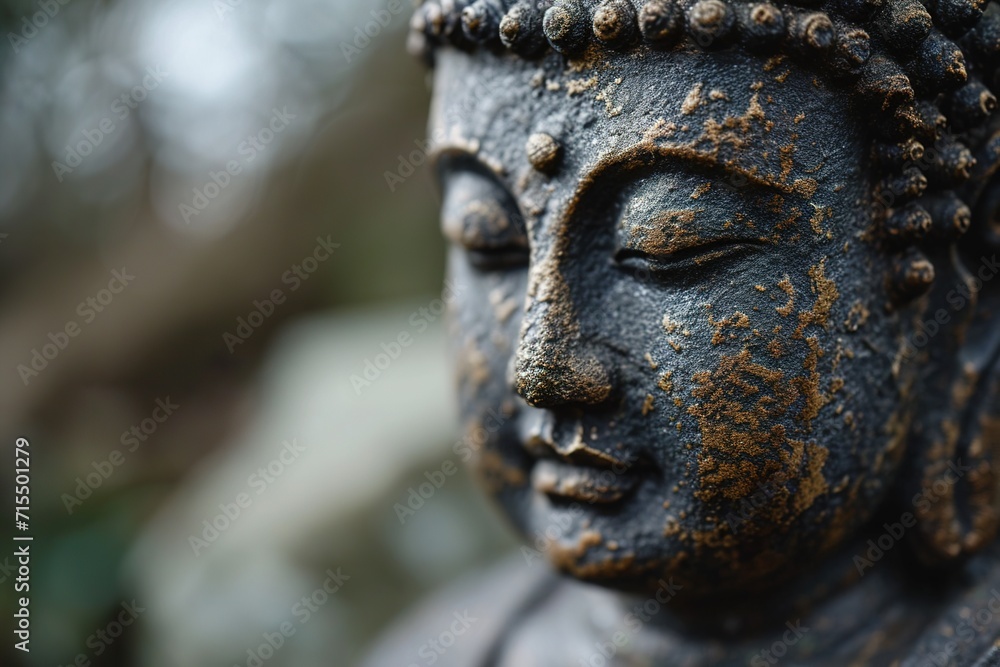 closeup face of bronze buddha statue on nature blurred background