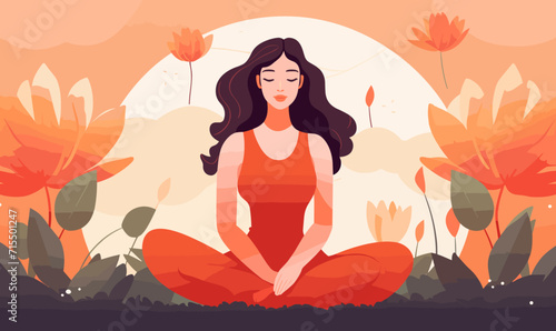 Woman sitting with a flower illustration in the background, good mental health lifestyle and selfcare vector