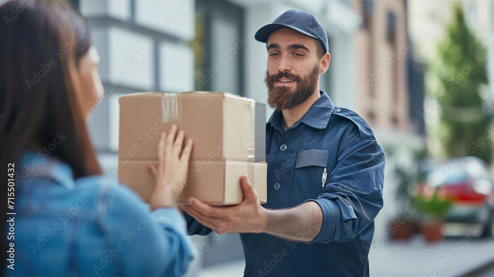 Delivery man holding a cardboard box delivering to customer home. Smiling man postal delivery man giving a package to the customer. Delivery man holding a cardboard box delivering to customer home. Smiling man postal delivery man giving a package to the customer.