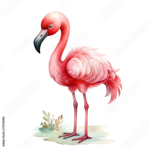 watercolor illustration cute cartoon pink flamingo