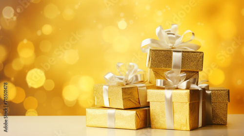 Golden gift boxes with ribbon bow tag over blurred bokeh background with lights. Christmas decor. Blinking Holiday Background. Copy space