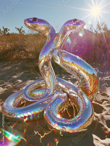 Pair of snakes in love at the flower sand desert, holographic anodized chrome transparent shining snakes