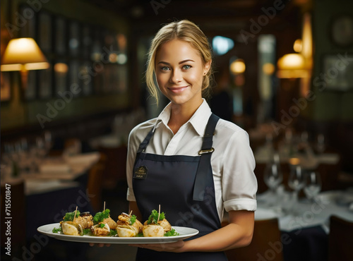 Beautiful young smiling waitress in a restaurant with a plate of food in a luxury restaurant  bringing food to the table in her hands