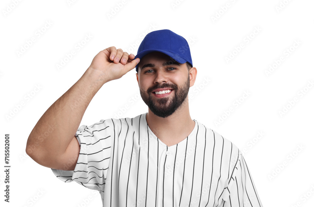 Man in stylish blue baseball cap on white background Man in stylish blue baseball cap on white background