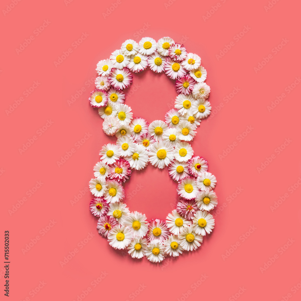 Number 8 of Daisy flowers on red background
