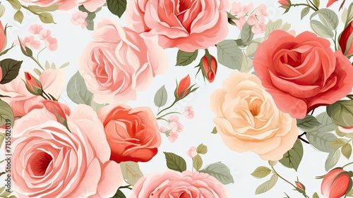 delicate roses in full summer bloom  creating a holiday background with an abundance of blooming flowers  a pastel and soft bouquet floral card for a warm and inviting scene. SEAMLESS PATTERN.