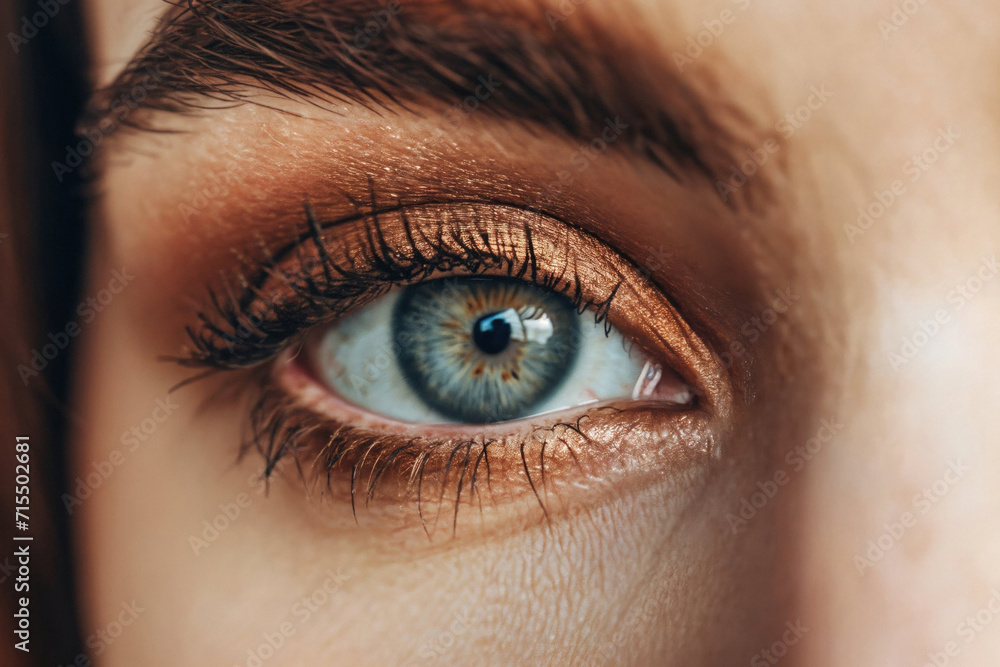 Macro shot of a person's blue eye with detailed eyelashes and eyeshadow, showcasing intricate textures and colors