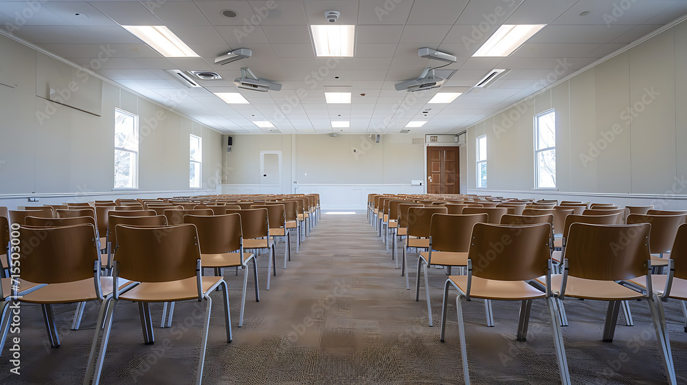 Rows of empty chairs in a large carpeted room under white walls and ceilings create a quiet, empty atmosphere.