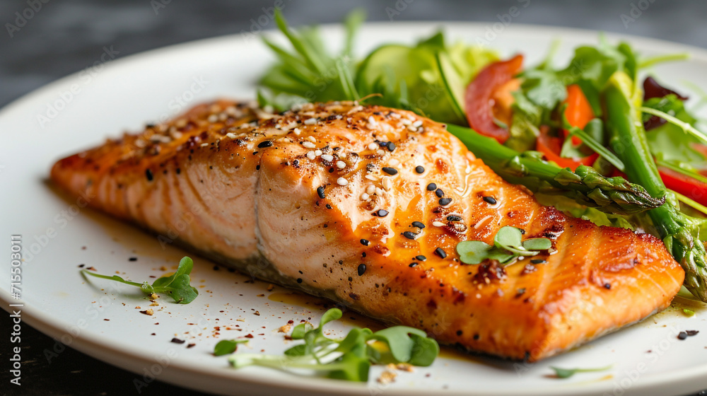 Baked salmon with a delicate taste of ginger and soy sauce, crispy asparagus, and fresh salad. This dish combines the rich, savory flavor of salmon with the light, refreshing texture of vegetables. Baked salmon with a delicate taste of ginger and soy sauce, crispy asparagus, and fresh salad. This dish combines the rich, savory flavor of salmon with the light, refreshing texture of vegetables.