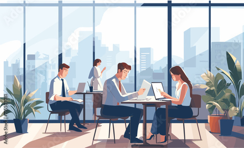 Business team in a workplace, working in an office vector illustration