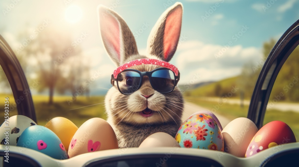 Easter bunny in sunglasses on vacation resort celebrates Easter in car with Easter eggs. easter concept, travel, car, celebration