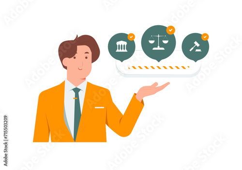 Law regulation court, Lawyer holding balance scales of justice to legal verdict concept illustration