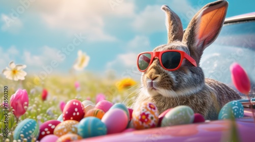 Easter cute bunny in sunglasses rides on an astommobile to celebrate Easter and carries  eggs