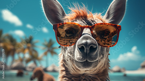 Funny alpaca in sunglasses photo