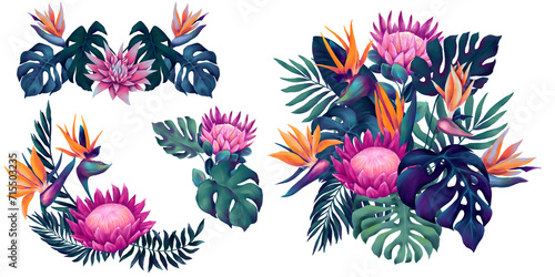 Collection of watercolor tropical bouquets with protea, strelitzia flowers and monstera and palm leaves in vibrant neon colors