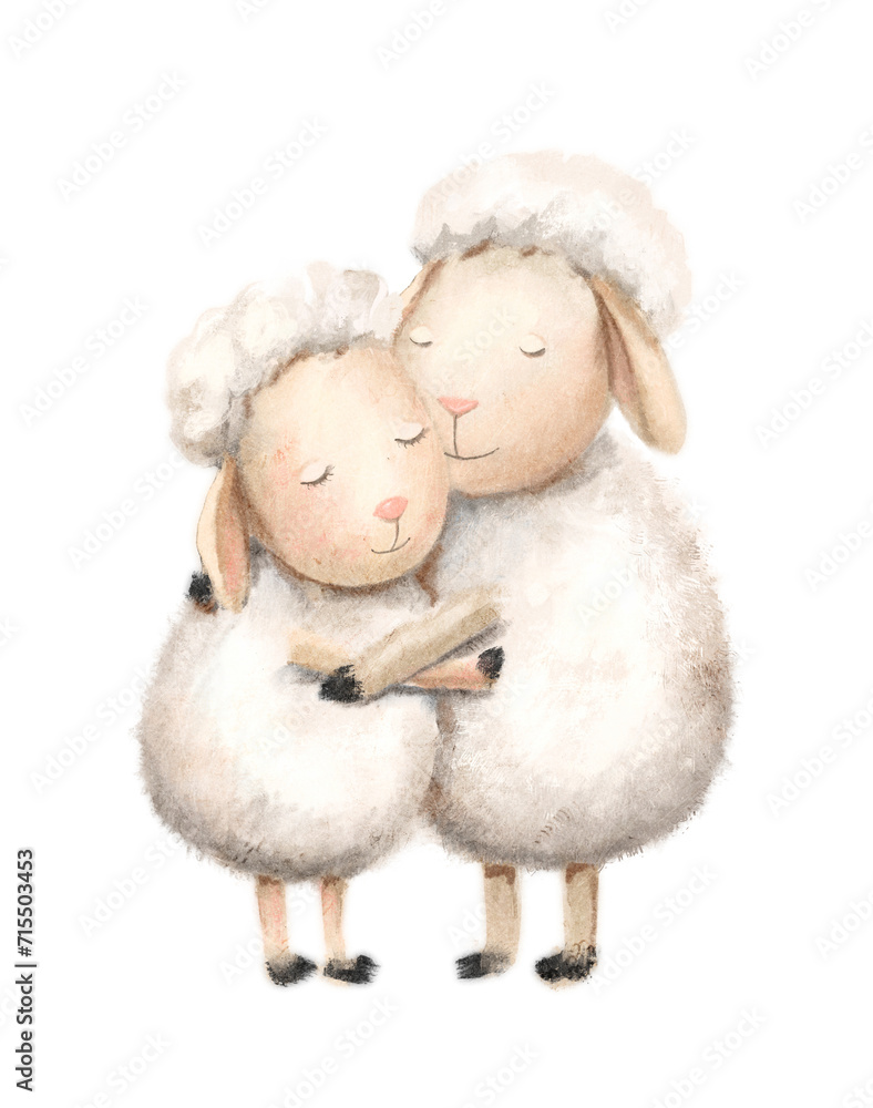Two animals, pair of white fur sheep hug each other and smile isolated on white background. Valentines day card. Watercolor hand drawn illustration sketch Two animals, pair of white fur sheep hug each other and smile isolated on white background. Valentines day card. Watercolor hand drawn illustration sketch