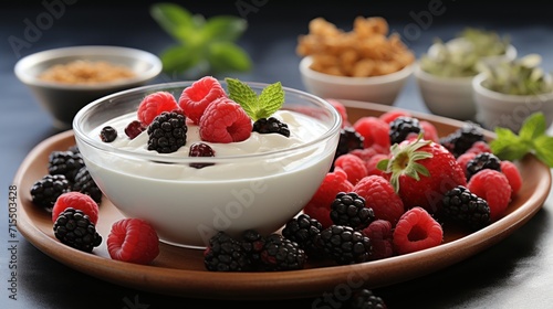 Looking white yoghurt with museli and fruit UHD wallpaper