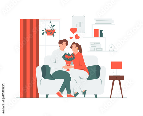 Happy couple sitting on sofa, man giving bouquet of flowers to woman on valentines day, making marriage proposal, fall in love concept illustration