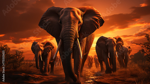 Elephant Gathering. A small group of elephants gather at a waterhole on a summer's day under threatening skies. © alexkich
