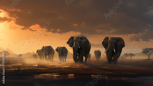 Elephant Gathering. A small group of elephants gather at a waterhole on a summer s day under threatening skies.