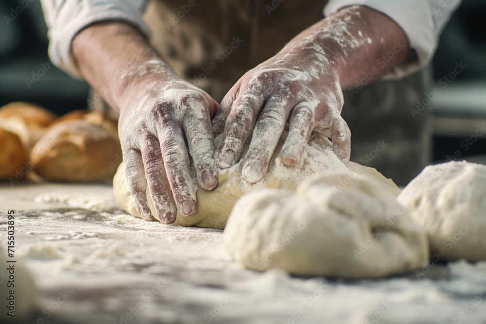 Bakery Chef's Hands Kneading Dough for Homemade Pizza and Pasta