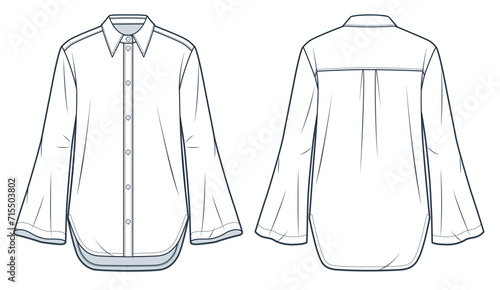 Bell Sleeve Shirt technical fashion Illustration. Classic Shirt fashion flat technical drawing template, button down, collar, relaxed fit, front  and back view, white, women, men, unisex CAD mockup.