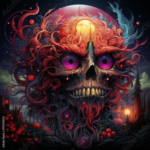 Vibrant Día de los Muertos Skull Art: Steampunk & Floral Fusion, Mystic Moon Backdrop - Home Decor, Avant-Garde Gallery, Cultural Festival Highlight - Ai Generated