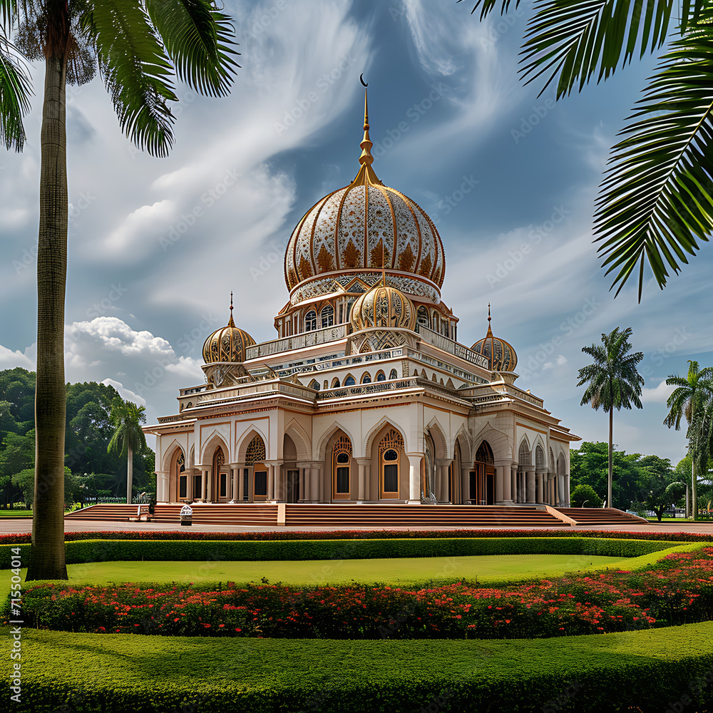  An ornate mosque dome sits amid greenery, with visitors under sunny skies, evoking peace.