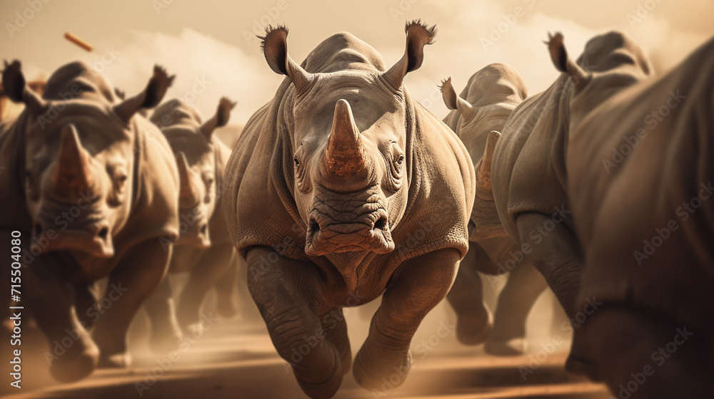 a group of white rhinos in the wild - obrazy, fototapety, plakaty 