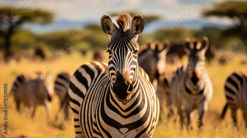 close up from a zebra surrounded with black and white stripes in his herd © alexkich