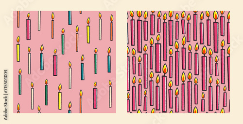 Birthday seamless patterns set with colorful cartoon candles illustration on pink background. Sticker style greeting card in retro style. Cute postcards for child or design for your brand.