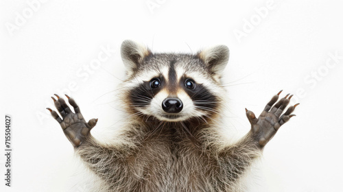 cute raccoon on a white isolated background looks at the camera with space for text. concept raccoon, animals, banner, background, poster