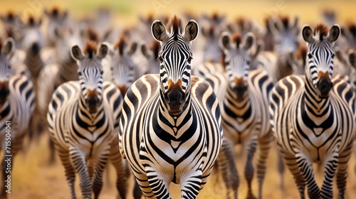 close up from a zebra surrounded with black and white stripes in his herd