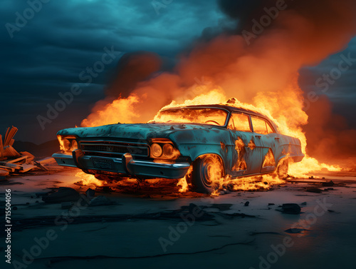 A large old car with flames rising up from the ground