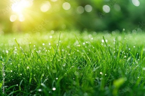 foreground is dominated by lush green grass covered with sparkling dewdrops