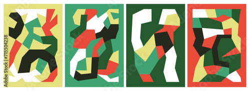 Colorful abstract compositions with angular irregular geometric shapes. Playful flat vector illustrations inspired by aesthetics of paper cutouts and collage. Artworks for card, poster or cover.