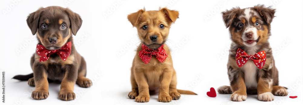 Three adorable puppies wearing red polka dot bow ties against a white background, conceptually suitable for Valentine's Day