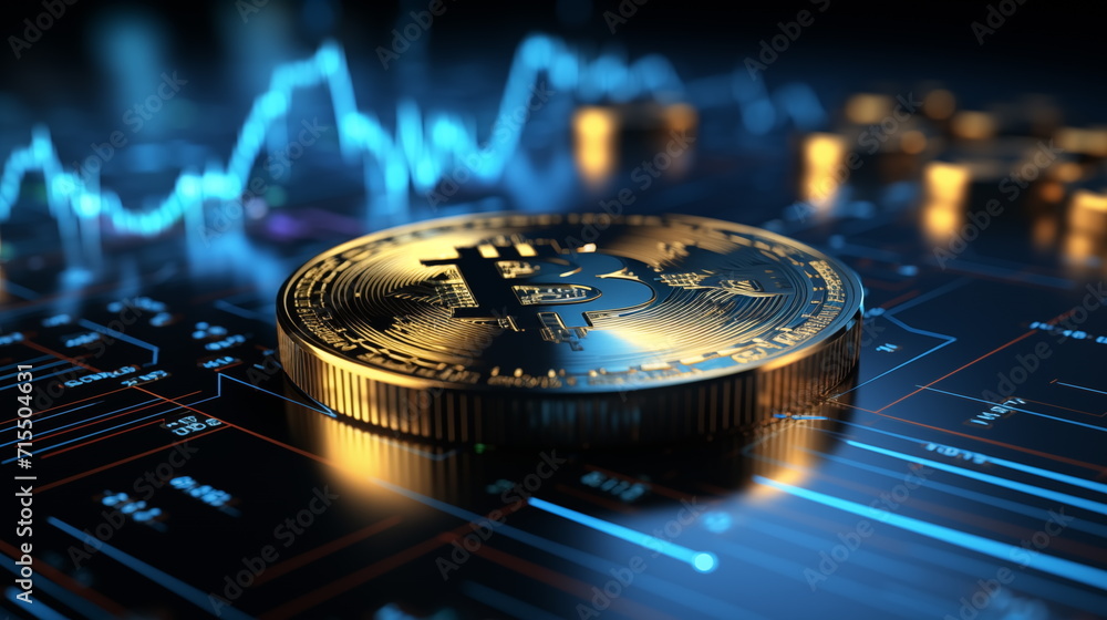 3D gold Bitcoin on price candlestick chart background. Dark trading ...
