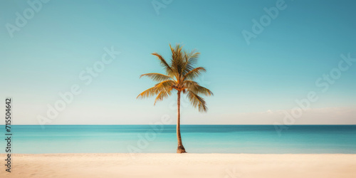 Palm on a sunny tropical sea shore under turquoise sky. Vacation concept. Generative AI © AngrySun