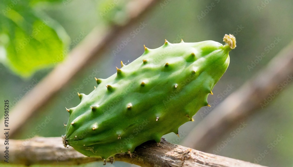 one green prickly cucumber on a branch one green prickly cucumber on a branch