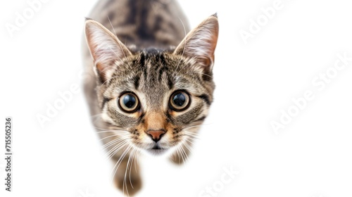 surprised grey hunting cat on a white isolated background. banner for a pet store, with space for text. concept advertising, animals, cats, love for animals, emotions