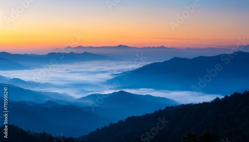 a magical view of the mountainous area in a foggy morning