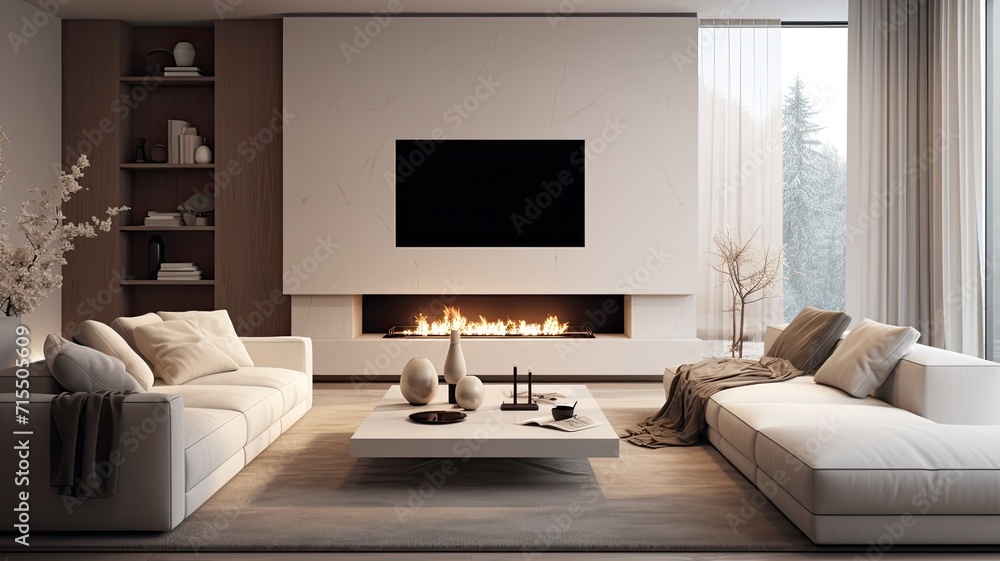 a minimalist living room in a spacious and luxurious house lounge, featuring a large fireplace and a wall-mounted television, with a focus on calming colors. a minimalist living room in a spacious and luxurious house lounge, featuring a large fireplace and a wall-mounted television, with a focus on calming colors.